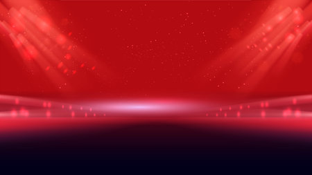 Abstract red lighting tech background stadium stage hall with scenic lights of round futuristic technology half black vector empty stage spotlight background.のイラスト素材