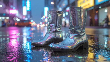 women's rubber boots on a wet road at night, shallow depth of fieldの写真素材