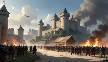 Medieval battle scene in front of the medieval castle, 3d illustrationの写真素材