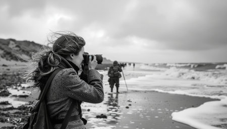 Black and white portrait of a woman with a camera on the beachの写真素材