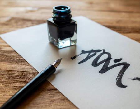 Fountain pen and inkwell on a white sheet of paper with the inscriptionの素材