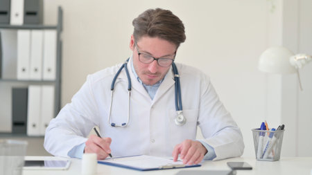Middle Aged Male Doctor Writing Prescriptionの写真素材