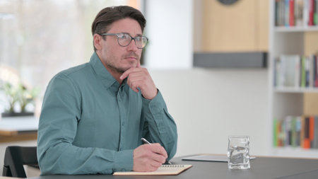 Pensive Middle Aged Man Writing at Workの写真素材