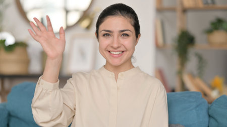 Portrait of Online Video Call by Indian Woman at Homeの写真素材
