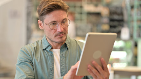 Portrait of Attractive Middle Aged Man using Digital Tablet