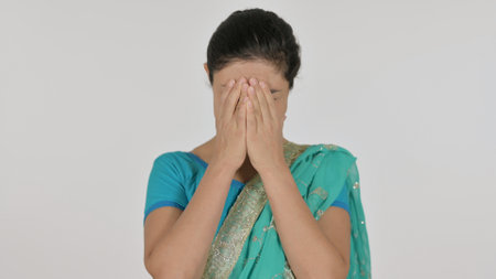 Sad Indian Woman Crying, White Backgroundの写真素材