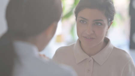 Rear View of Indian Businesswoman Talking to Womanの写真素材