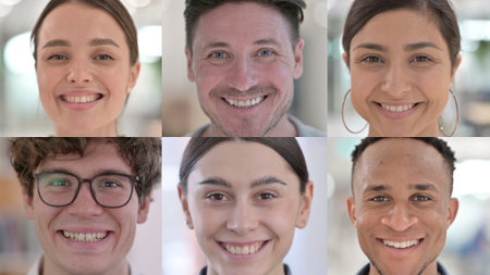 Collage of Face of Serious People Smiling Towards Cameraの写真素材