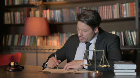 Pensive Male Lawyer Writing Documents in Officeの写真素材