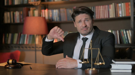 Male Lawyer Doing Thumbs Down in Officeの写真素材