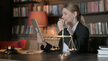 Female Lawyer Celebrating Success on Tablet in Office