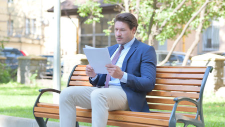 Middle Aged Businessman Reading Documents while Sitting Outdoorの写真素材