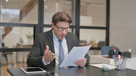 Young Businesswoman Feeling Upset while Reading Contract and Using Laptop Outdoorの写真素材