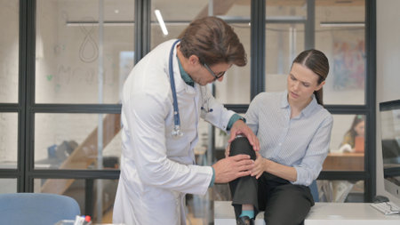 Woman with Knee Pain Consulting an Orthopedic Doctorの写真素材