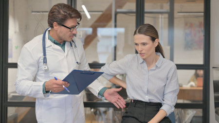 Woman with Back Pain Consulting an Orthopedic Doctorの写真素材