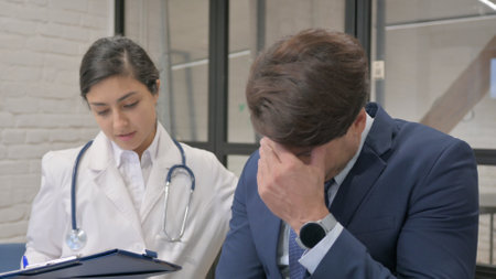 Indian Doctor Helping Upset Patient after Medical Reportsの写真素材