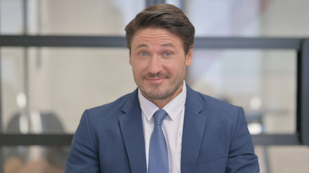 Portrait of Middle Aged Businessman Shaking Head in Acceptanceの写真素材