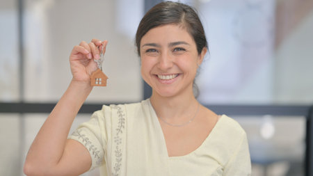 Portrait of Indian Woman Showing Home Keysの写真素材