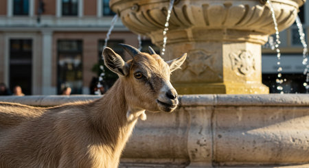 Portrait of a goat with a fountain in the background in the cityの素材