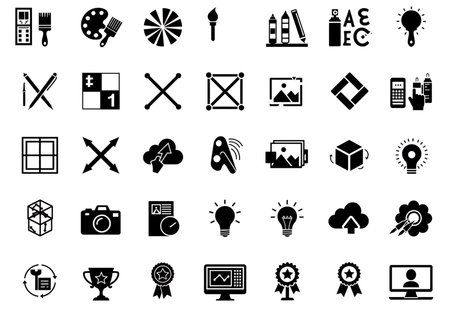 creative icon set, vector art and creativity symbol collection or sketchesの素材