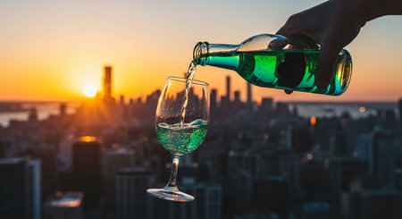 Hand pouring green wine from bottle into glass on cityscape background at sunsetの素材