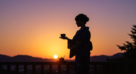 Silhouette of a woman with a cup of coffee at sunsetの素材