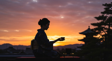 Young man sitting on a table with a cup of coffee in the sunsetの素材