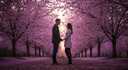 Couple in love walking in a blooming cherry garden at sunsetの素材