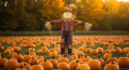 Halloween scarecrow in pumpkin patch on sunny autumn day. Halloween concept.の素材