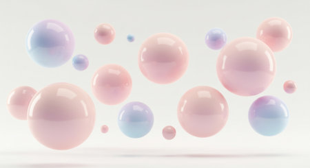 Abstract 3d rendering of colorful spheres isolated on white background. Bubbles in empty space.の素材