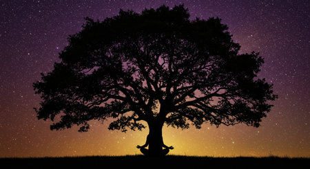 Silhouette of a tree in the night sky with stars.の素材