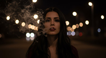 Portrait of a beautiful young brunette woman with smoke in the city at nightの素材