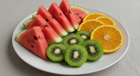 Watermelon and kiwi on a white plate with slices of orangeの素材