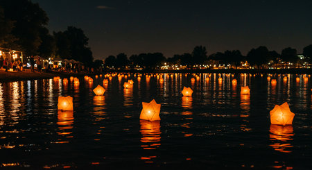Lanterns floating on the river at night in the cityの素材