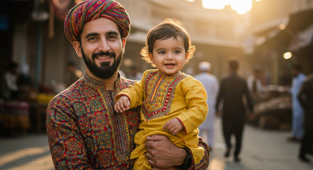 Indian father with his son on the streets of Jodhpurの素材