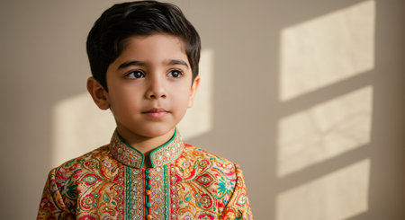 Portrait of a cute indian little boy wearing a traditional costumeの素材