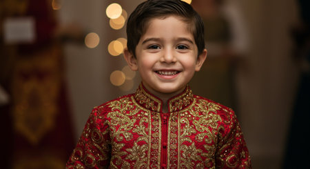 Portrait of a little boy in a red Chinese suit. He is smiling.の素材