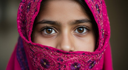 Portrait of a beautiful young girl with a pink scarf on her headの素材