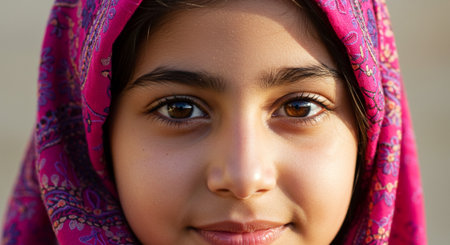 Portrait of a beautiful young girl wearing a headscarf.の素材