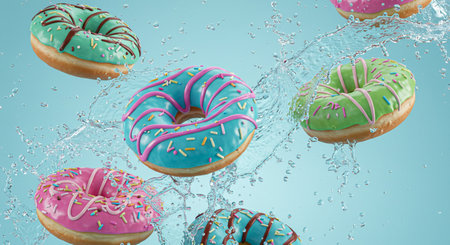 Colorful donuts falling in water on blue background. 3d renderingの素材