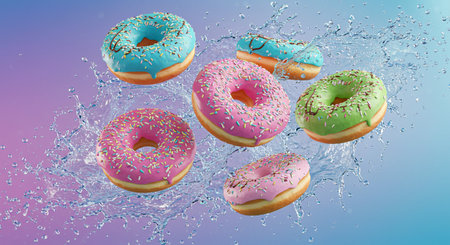 Flying donuts with glaze and sprinkles in water splash on blue backgroundの素材