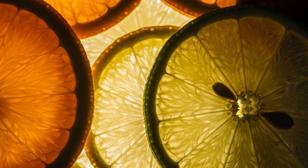 Slices of lemon and orange on a black background. Close-up.の素材