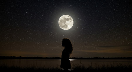 Silhouette of a girl looking at the full moon in the night skyの素材