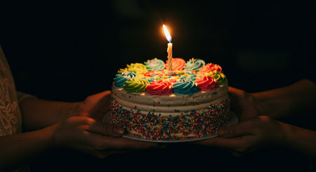 Birthday cake with burning candle in female hands on black background.の素材