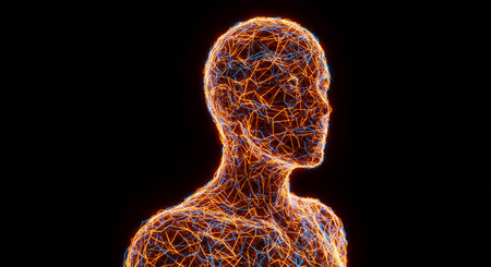 3d rendering of human head with glowing polygonal wireframeの素材