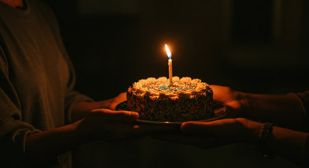 Birthday cake with burning candle in woman hands. Selective focus.の素材
