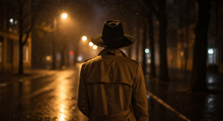 A man in a raincoat and a hat on the street at night.の素材