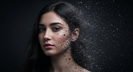 Portrait of beautiful young brunette woman with makeup and sparkles.の素材