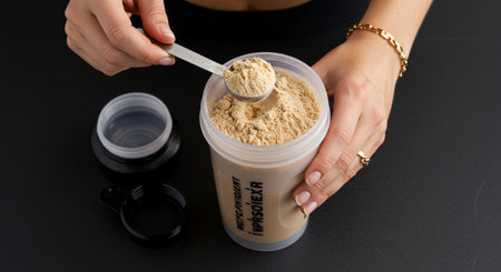 Close-up of a woman's hand holding a scoop with whey protein powder.の素材