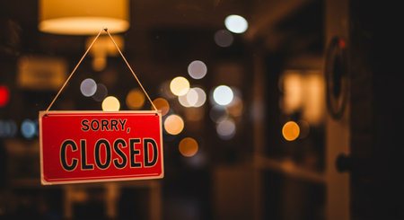 Red closed sign on the door of a restaurant with bokeh backgroundの素材
